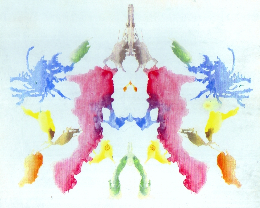 Rorschach card X, a scattered multicoloured inkblot